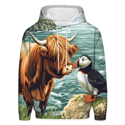 Highland Cow And Puffin Clifftop Hello pullover hoodies