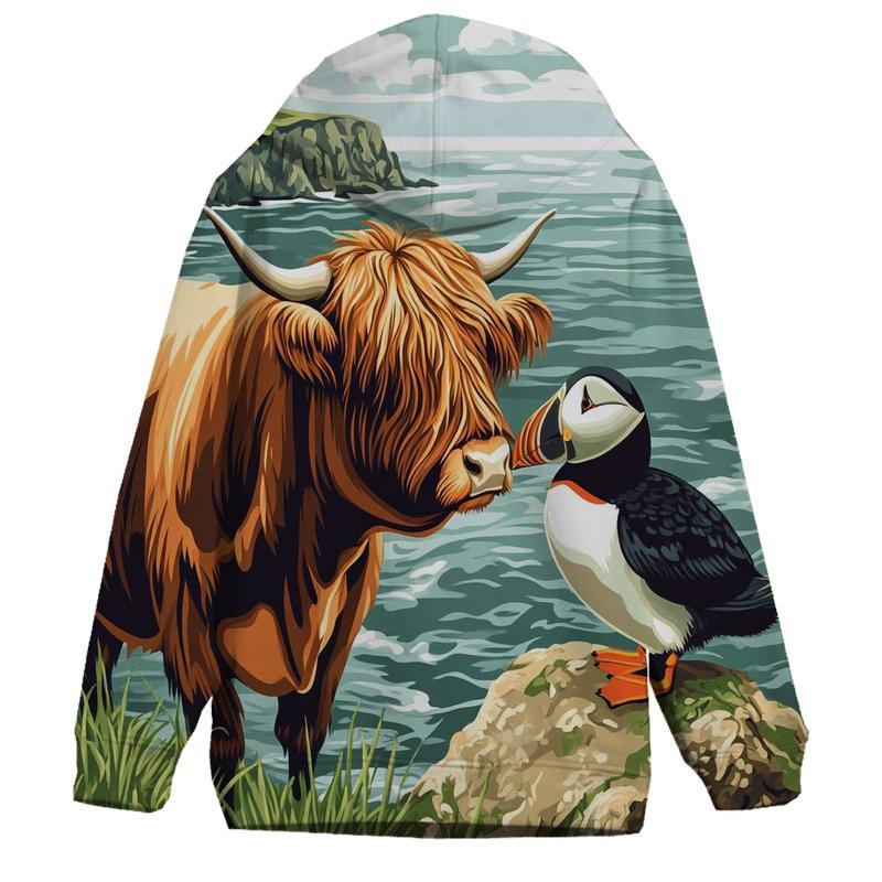 Highland Cow And Puffin Clifftop Hello pullover hoodies