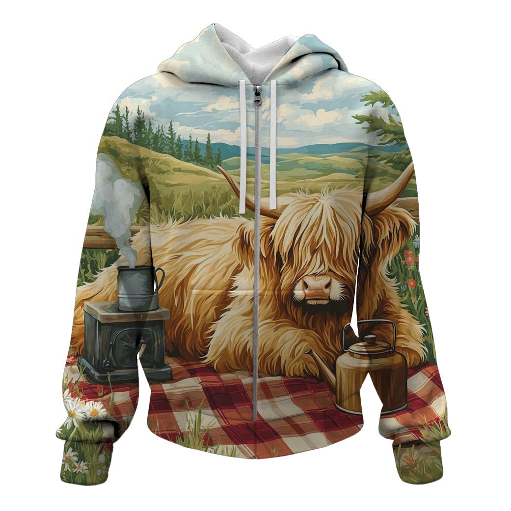 Tea Picnic With Highland Cow Companion printed hoodies