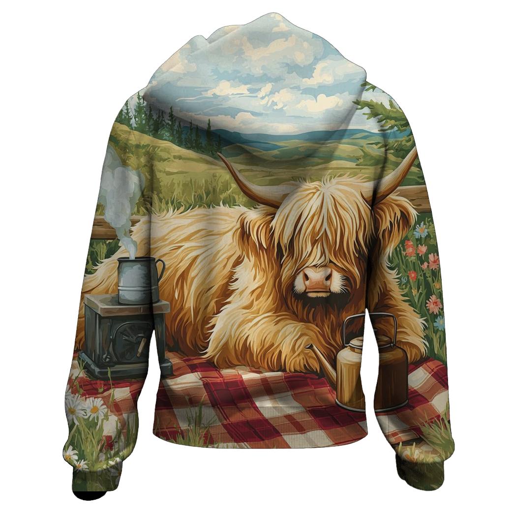 Tea Picnic With Highland Cow Companion printed hoodies