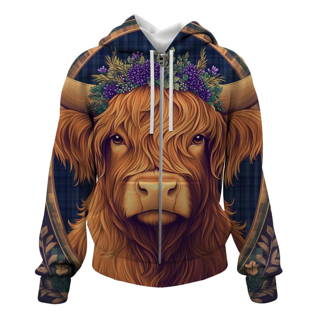 Thistle Crowned Highland Cow Portrait lightweight hoodies