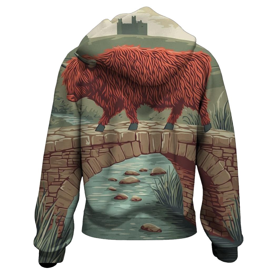 Stone Bridge Crossing Highland Cow hoodies fashion