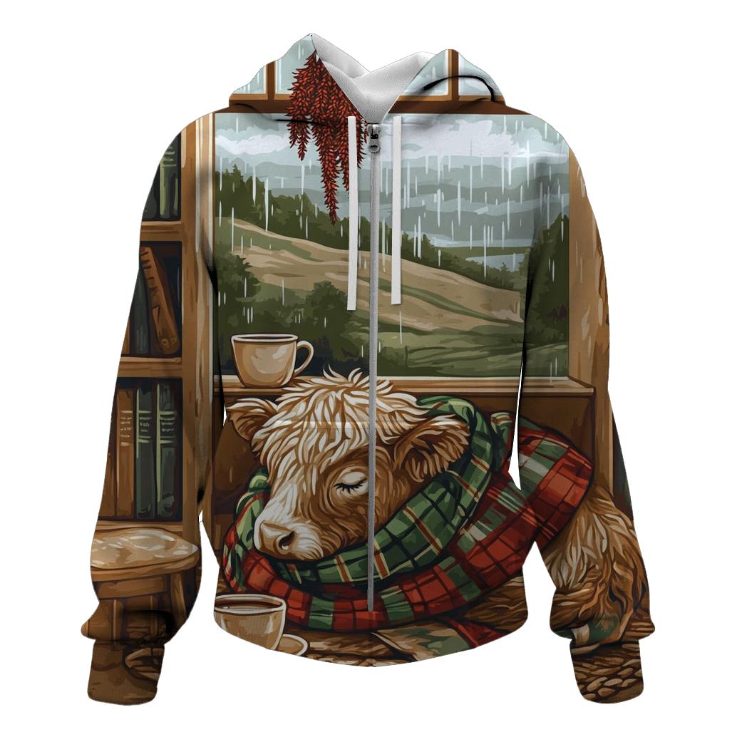 Highland Cow In Tartan Bookshop Nook graphic hoodies