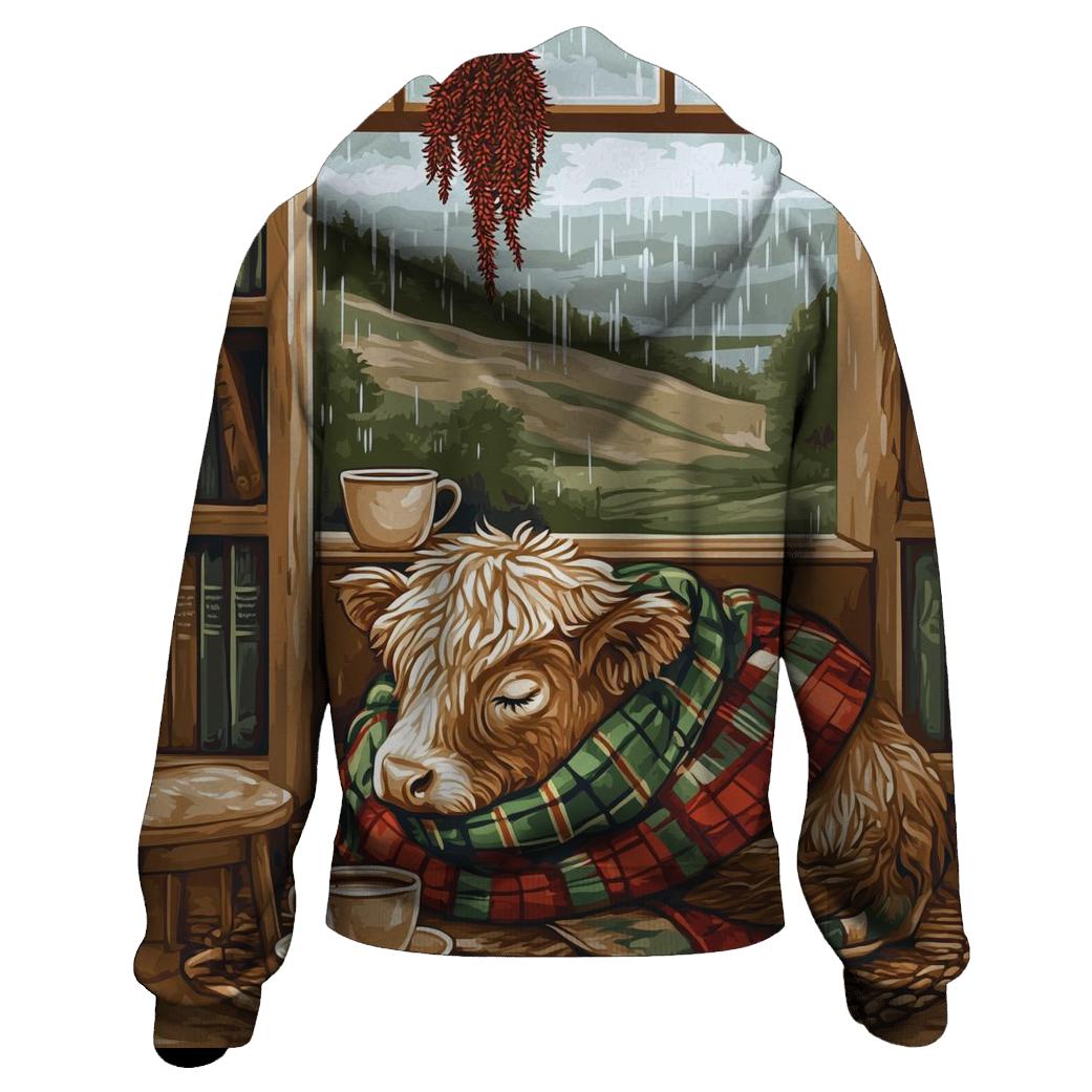 Highland Cow In Tartan Bookshop Nook graphic hoodies