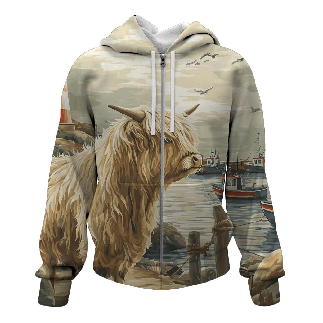 Harbor Fog Highland Cow Watcher pullover hoodies