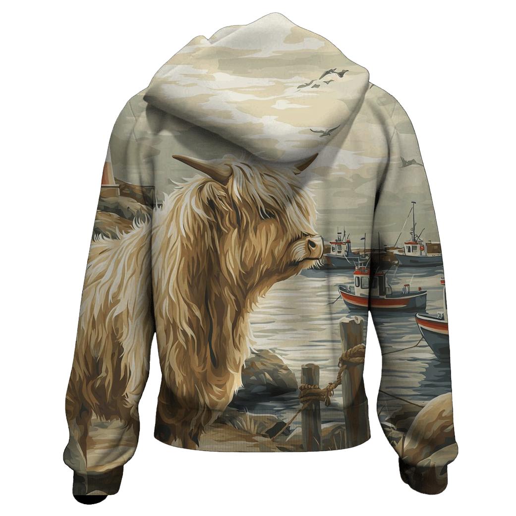 Harbor Fog Highland Cow Watcher pullover hoodies