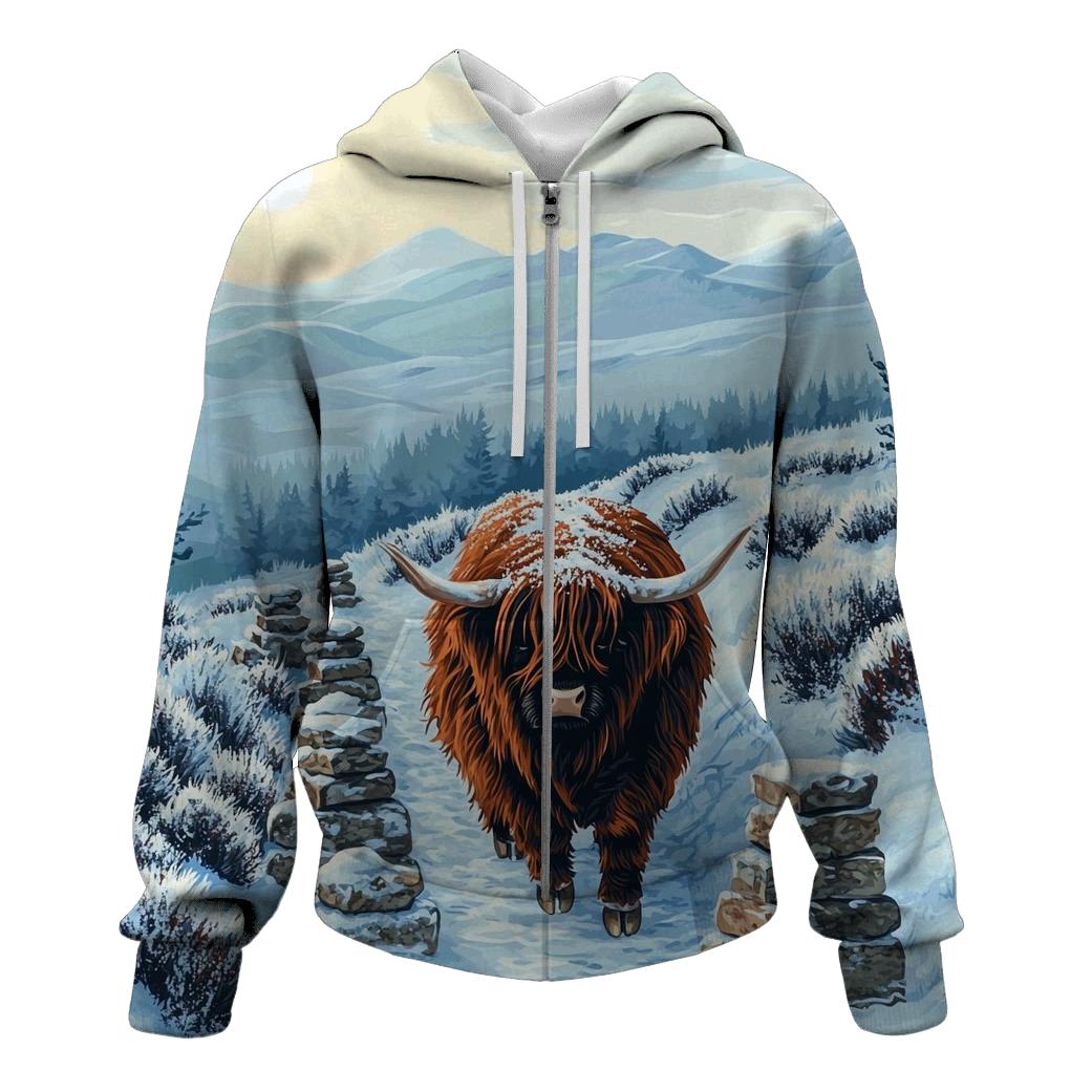 Highland Cow Snowy Cairn Trail custom hoodies