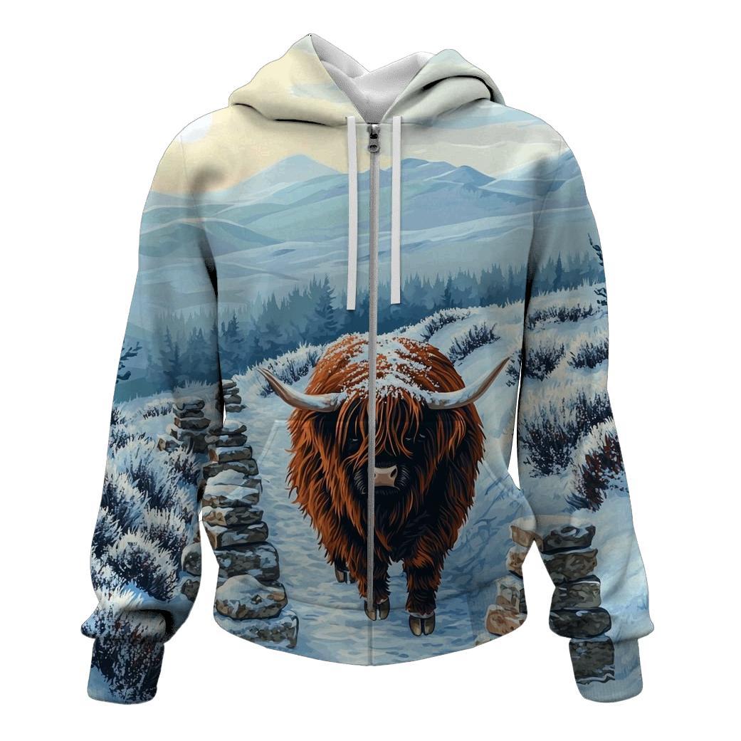 Highland Cow Snowy Cairn Trail custom hoodies