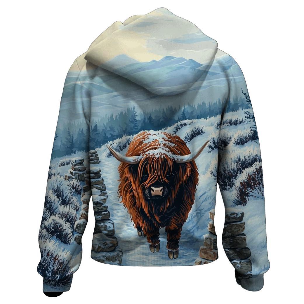Highland Cow Snowy Cairn Trail custom hoodies