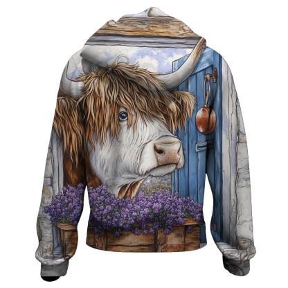 Crofthouse Window Highland Cow Peek embroidered hoodies