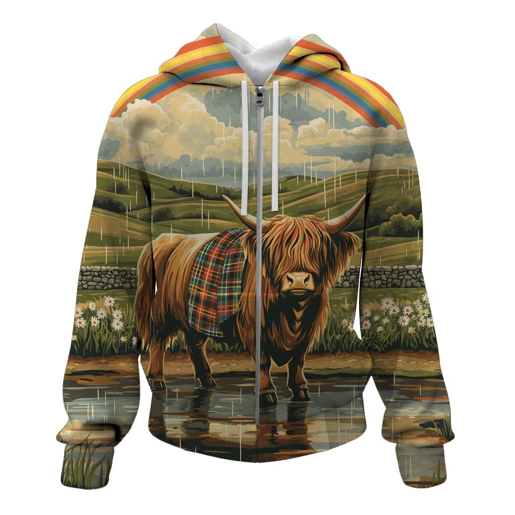 Highland Cow Under Rainbow Drizzle hoodie trends