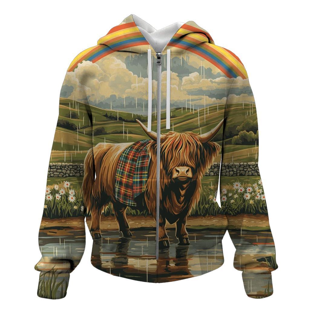 Highland Cow Under Rainbow Drizzle hoodie trends