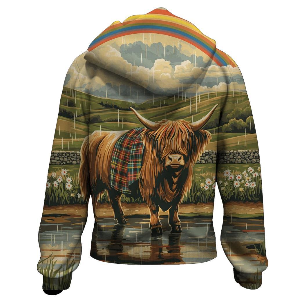 Highland Cow Under Rainbow Drizzle hoodie trends