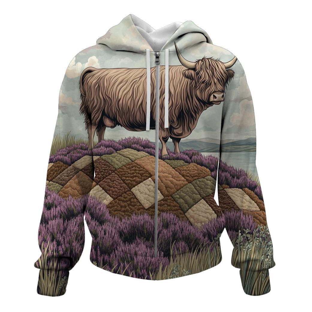 Highland Cow On The Heather Quilt Hill hoodie styles