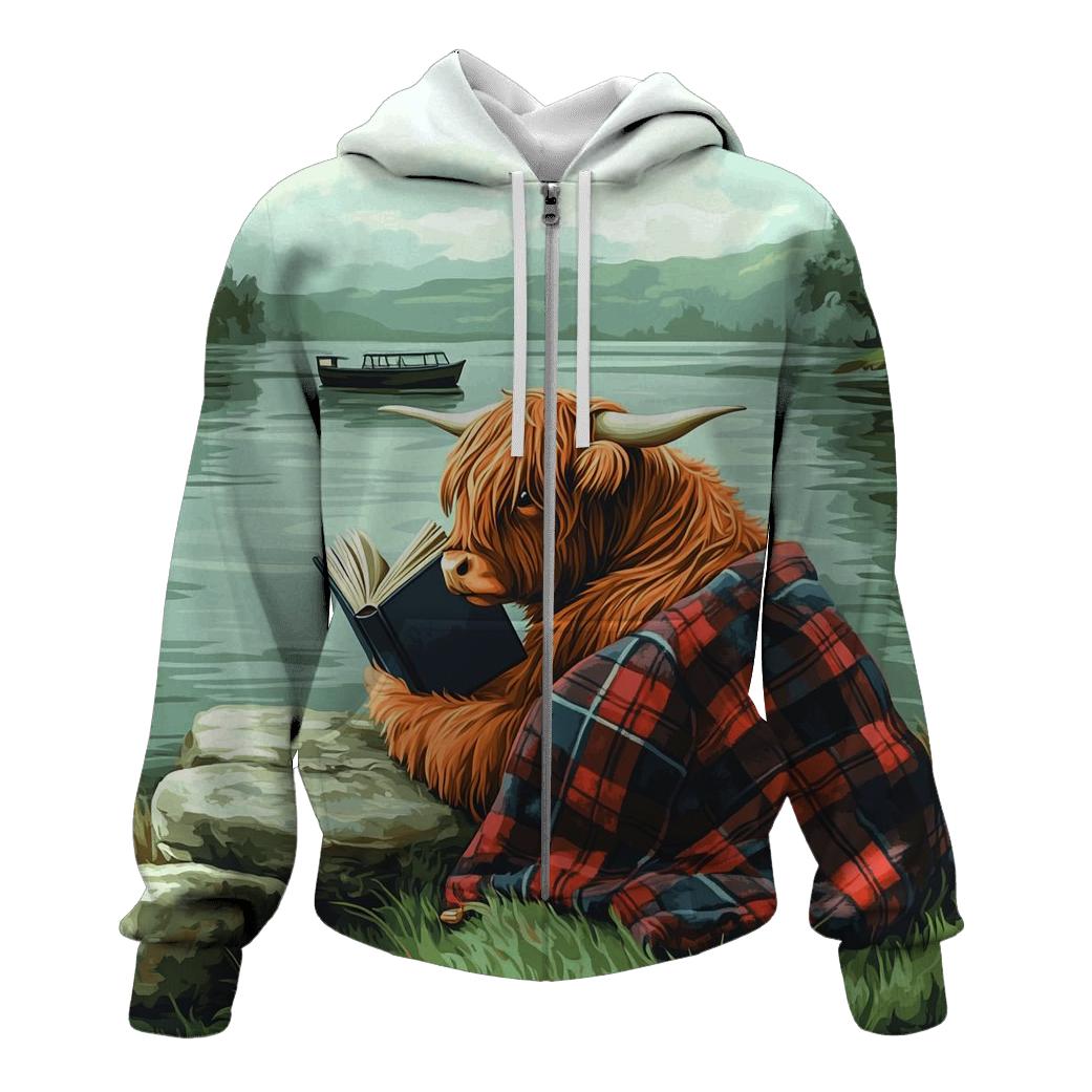Highland Cow Lochness Shore Book Reader graphic hoodies