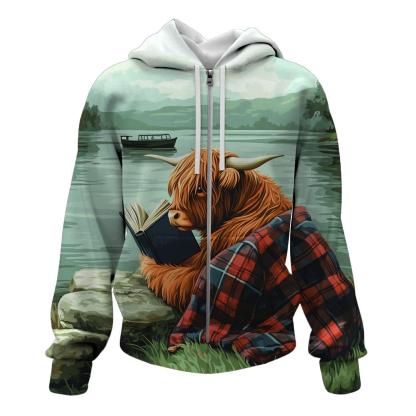 Highland Cow Lochness Shore Book Reader graphic hoodies