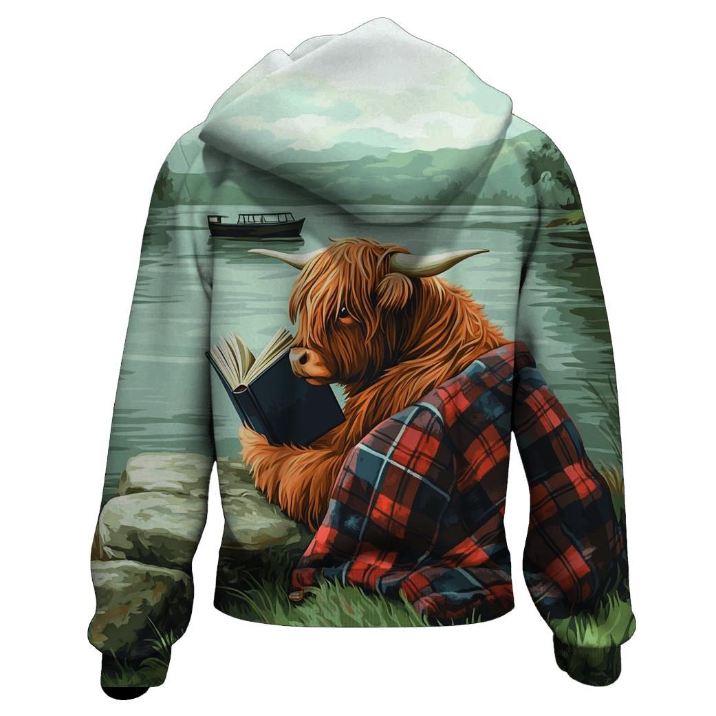 Highland Cow Lochness Shore Book Reader graphic hoodies