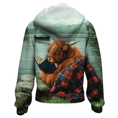 Highland Cow Lochness Shore Book Reader graphic hoodies