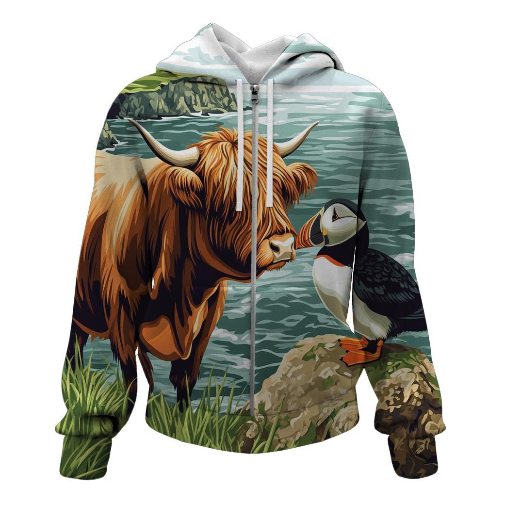 Highland Cow And Puffin Clifftop Hello hoodie styles