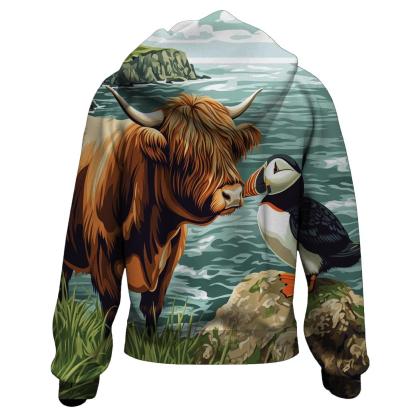 Highland Cow And Puffin Clifftop Hello hoodie styles