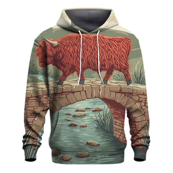 Stone Bridge Crossing Highland Cow premium hoodies