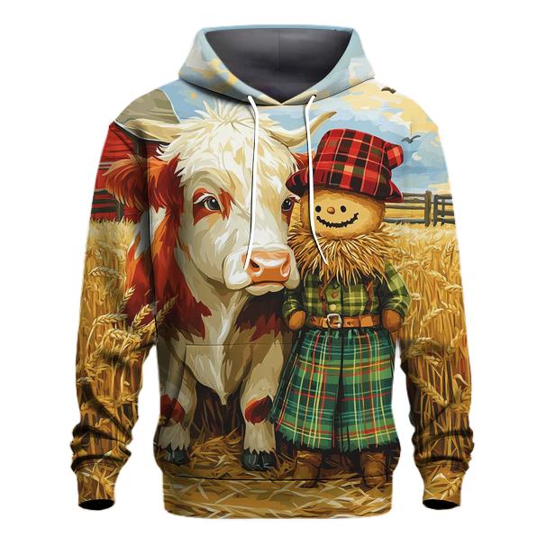 Highland Cow And Kilted Scarecrow Field heavyweight hoodies
