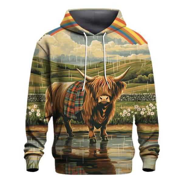 Highland Cow Under Rainbow Drizzle heavyweight hoodies