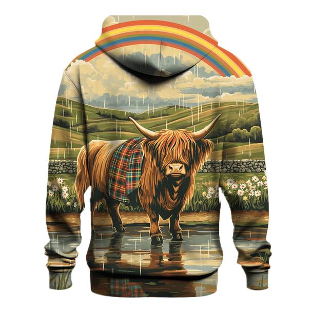 Highland Cow Under Rainbow Drizzle heavyweight hoodies