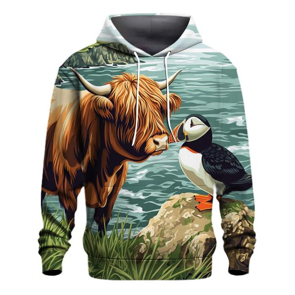 Highland Cow And Puffin Clifftop Hello designer hoodies
