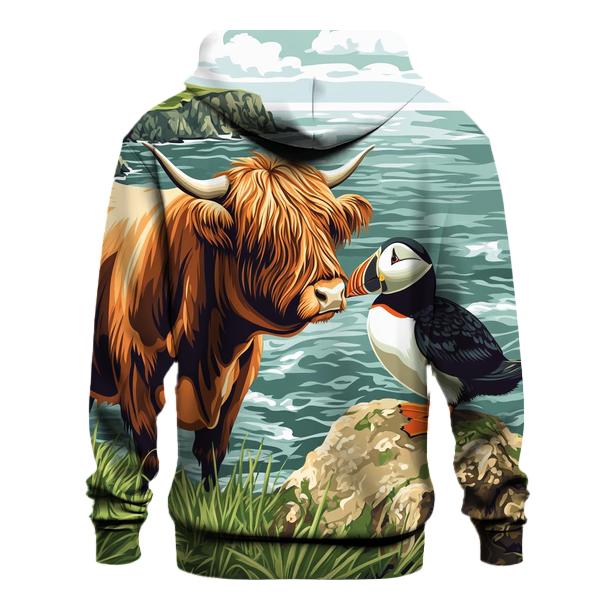 Highland Cow And Puffin Clifftop Hello designer hoodies