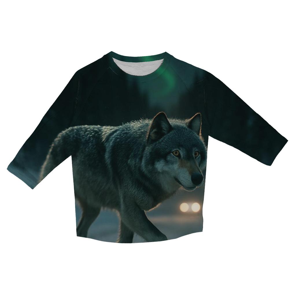 Wolf Crossing Under The Northern Lights Along A Winter Road Cutline casual three quarter sleeve shirts