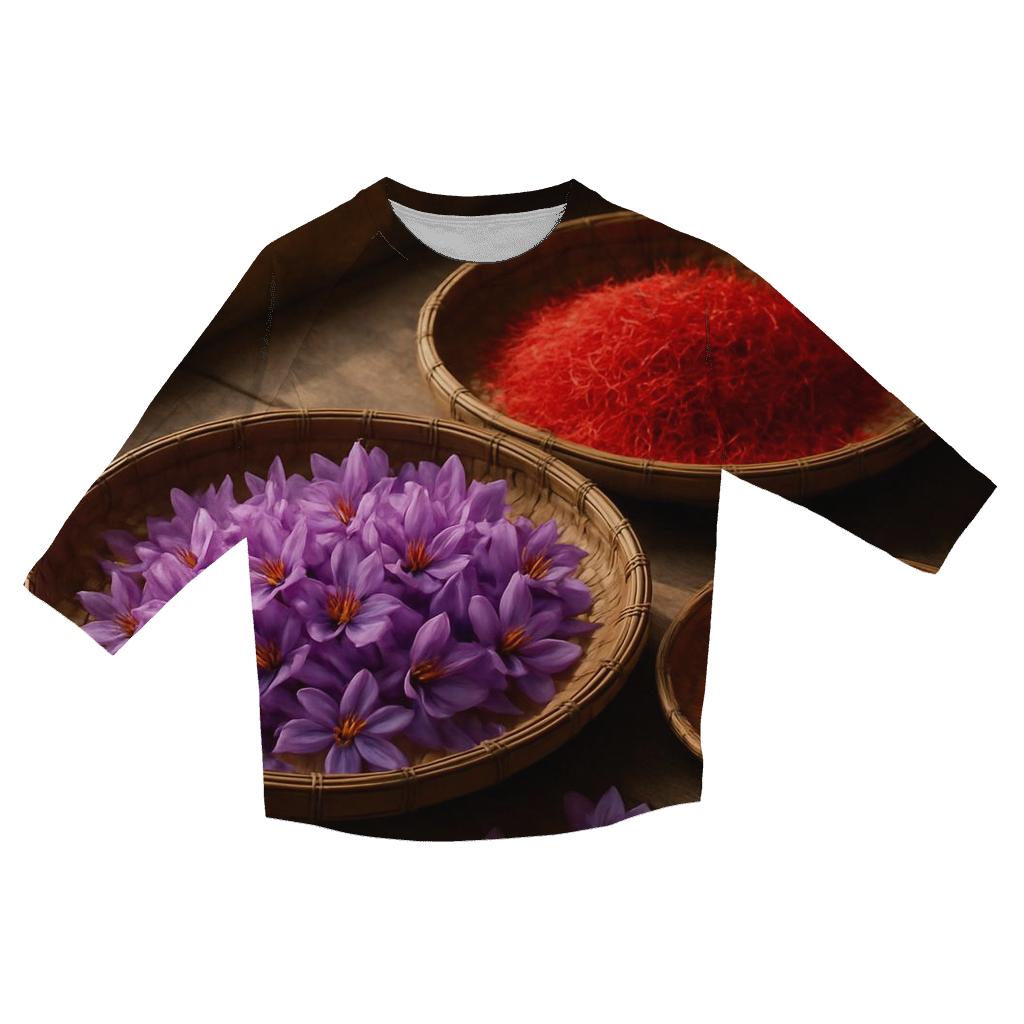 Saffron Crocus Threads Drying On Cedar Trays In A Mountain Kitchen printed three quarter sleeve shirts