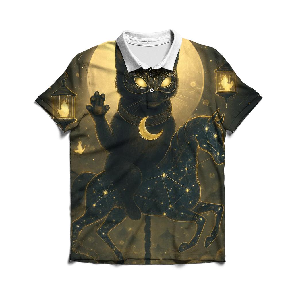 Midnight Carousel Guardian Cat embroidered polo tops