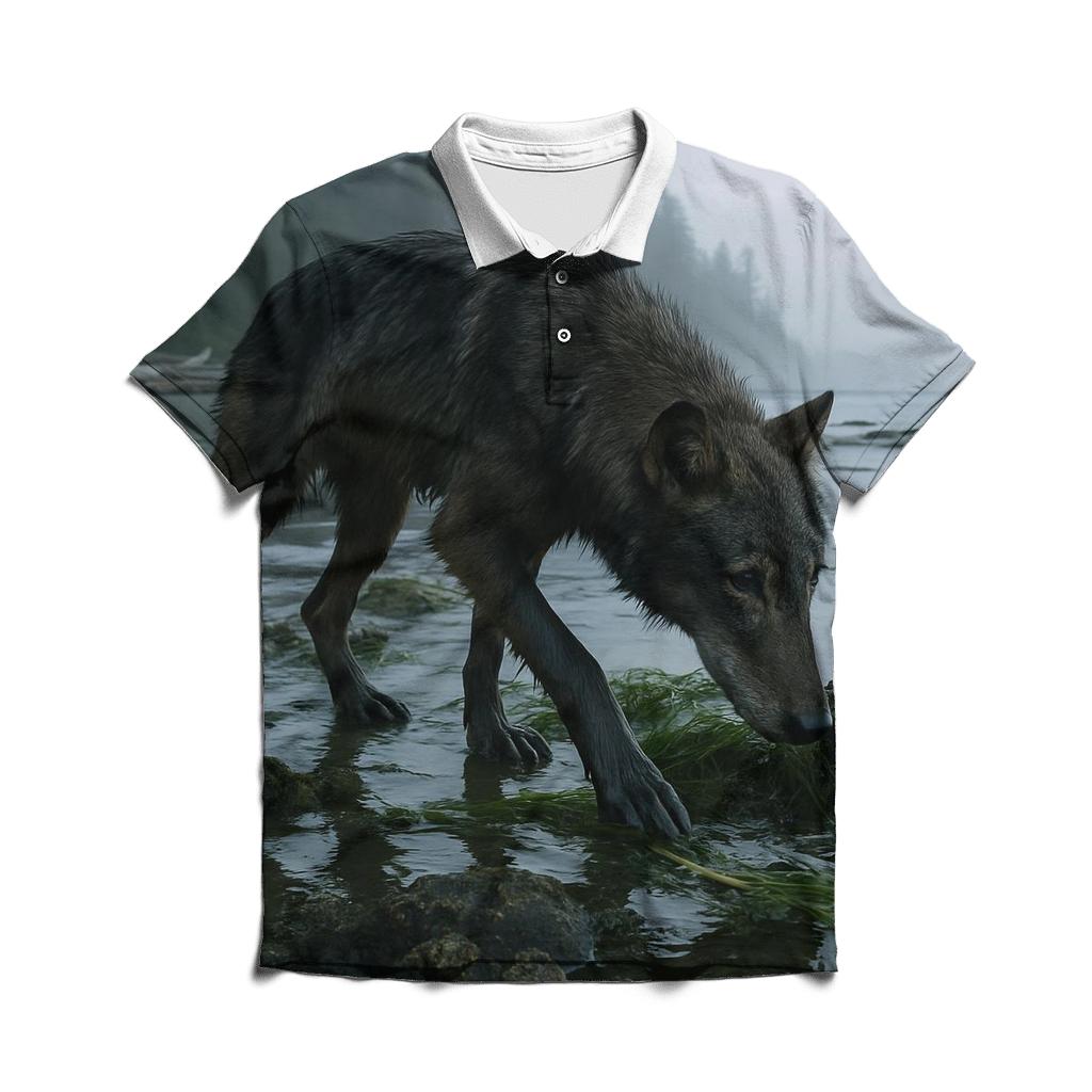 Coastal Wolf Foraging At Low Tide In A Temperate Rainforest Estuary personalized polo shirts