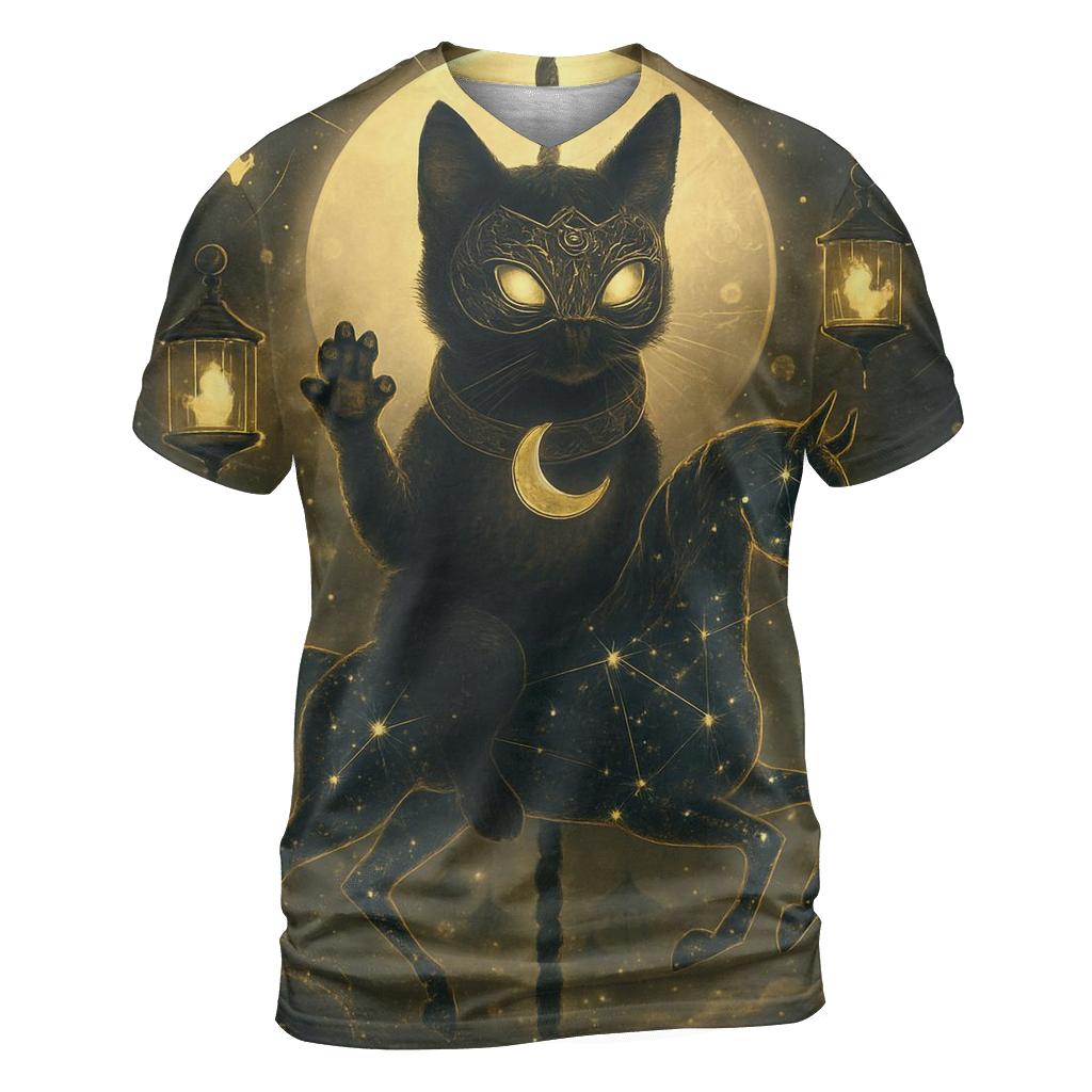 Midnight Carousel Guardian Cat vibrant all-over design tees