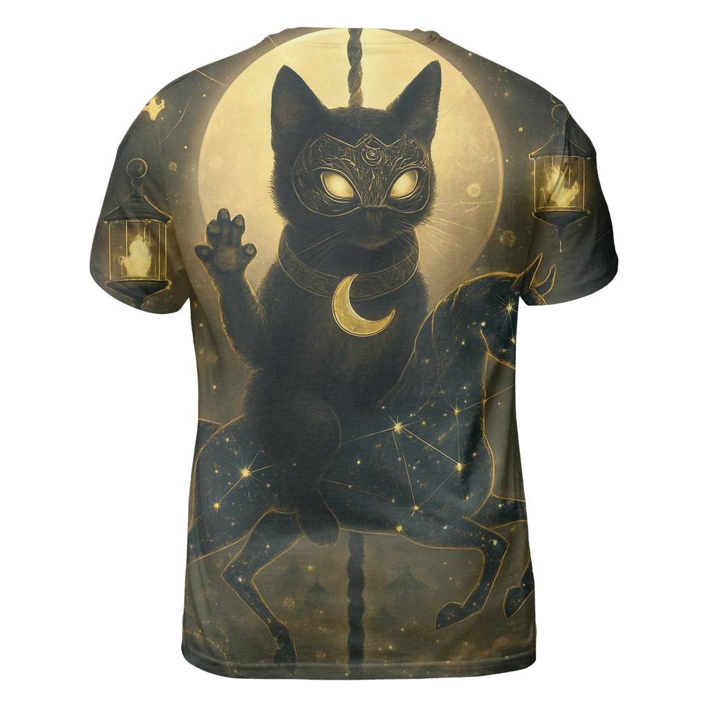 Midnight Carousel Guardian Cat vibrant all-over design tees