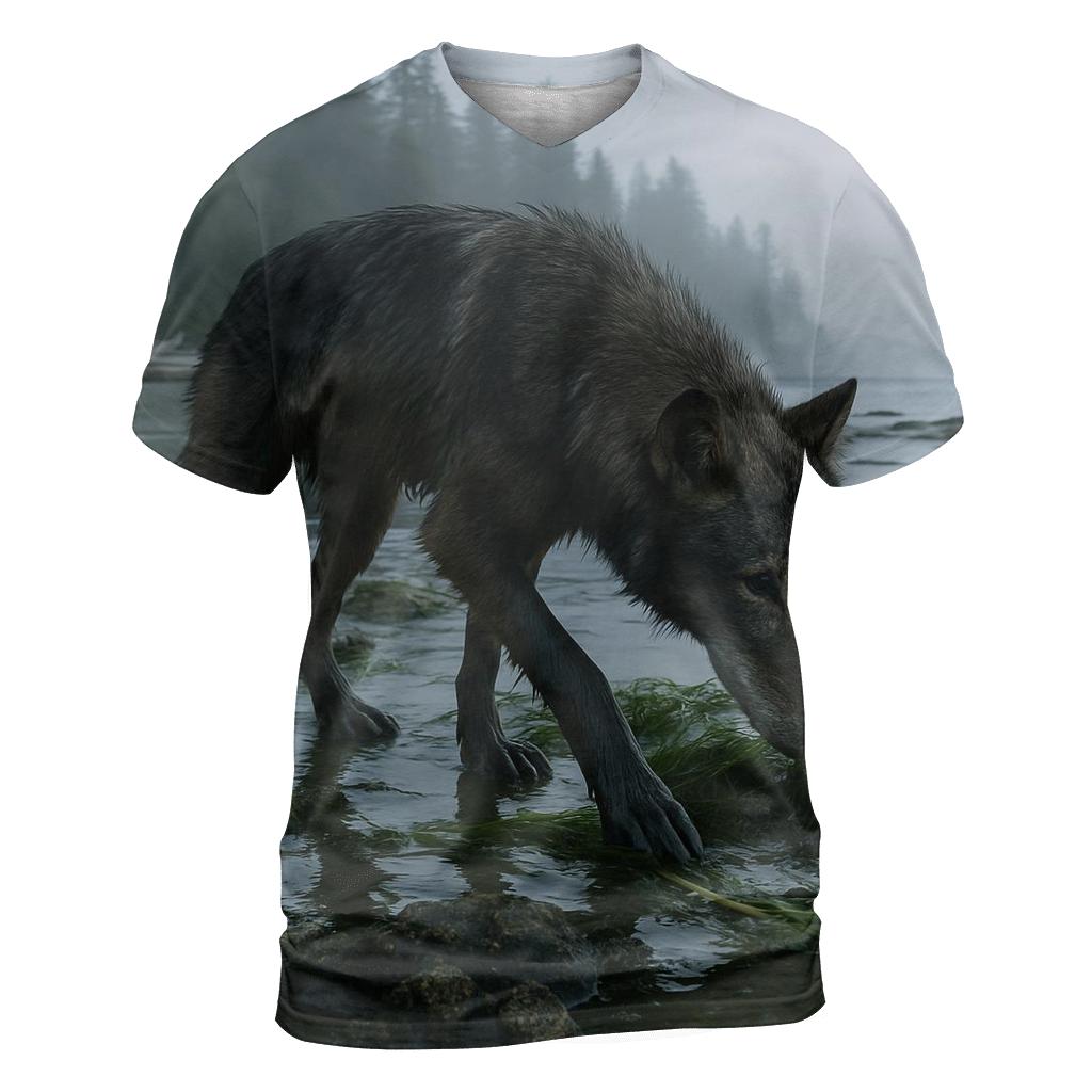 Coastal Wolf Foraging At Low Tide In A Temperate Rainforest Estuary unique graphic print tees