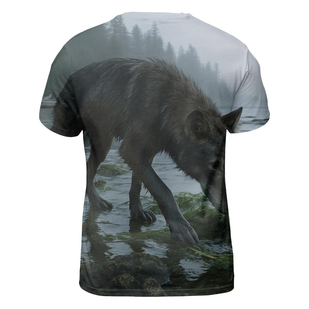Coastal Wolf Foraging At Low Tide In A Temperate Rainforest Estuary unique graphic print tees