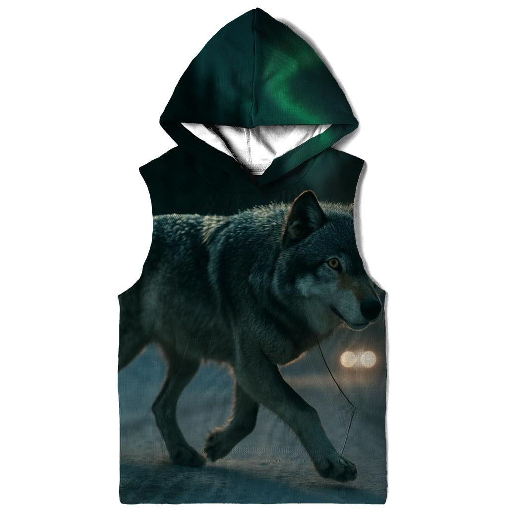 Wolf Crossing Under The Northern Lights Along A Winter Road Cutline lightweight hoodies