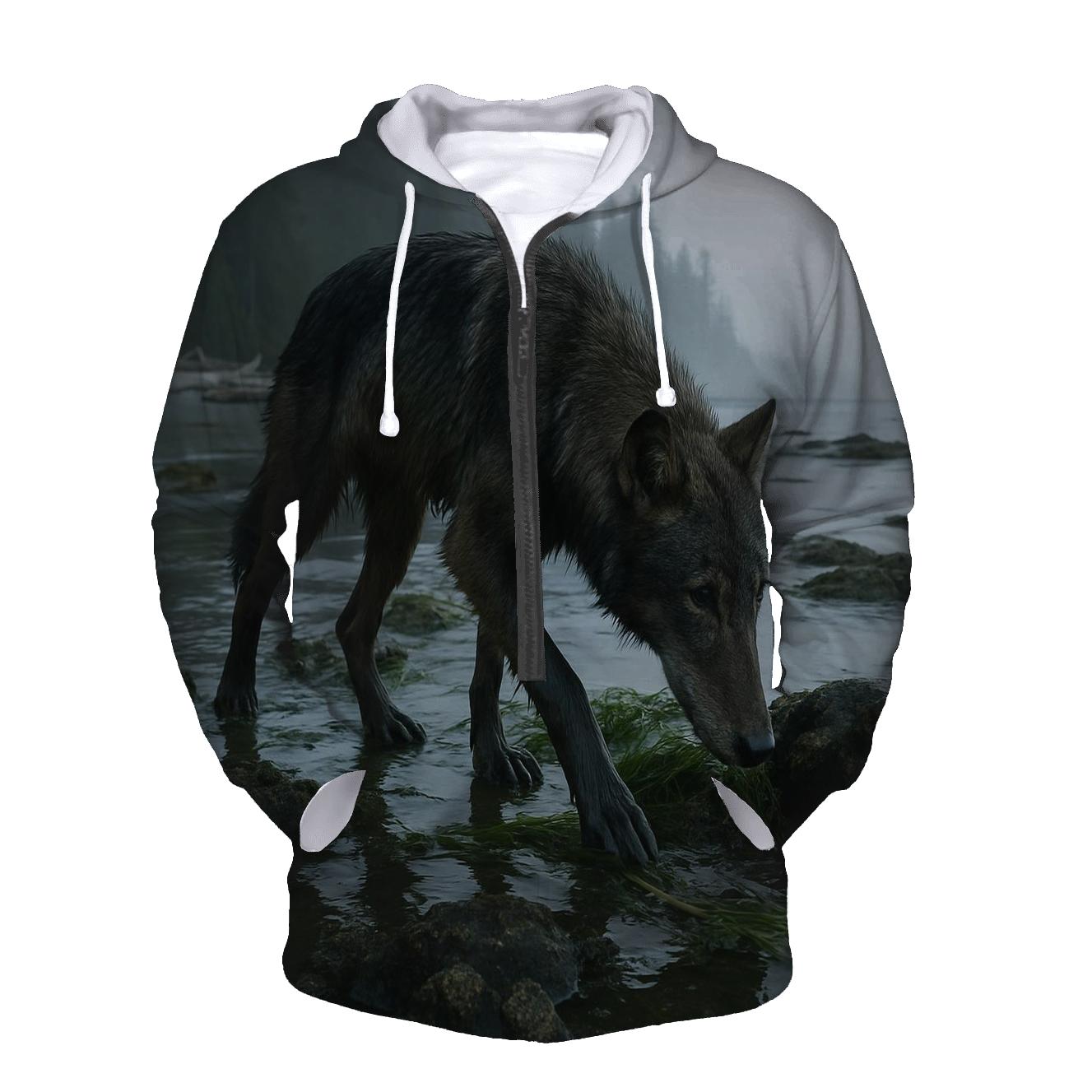 Coastal Wolf Foraging At Low Tide In A Temperate Rainforest Estuary designer hoodies