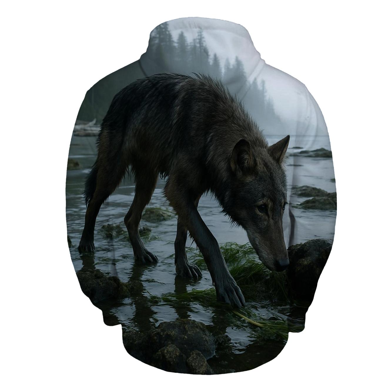 Coastal Wolf Foraging At Low Tide In A Temperate Rainforest Estuary designer hoodies