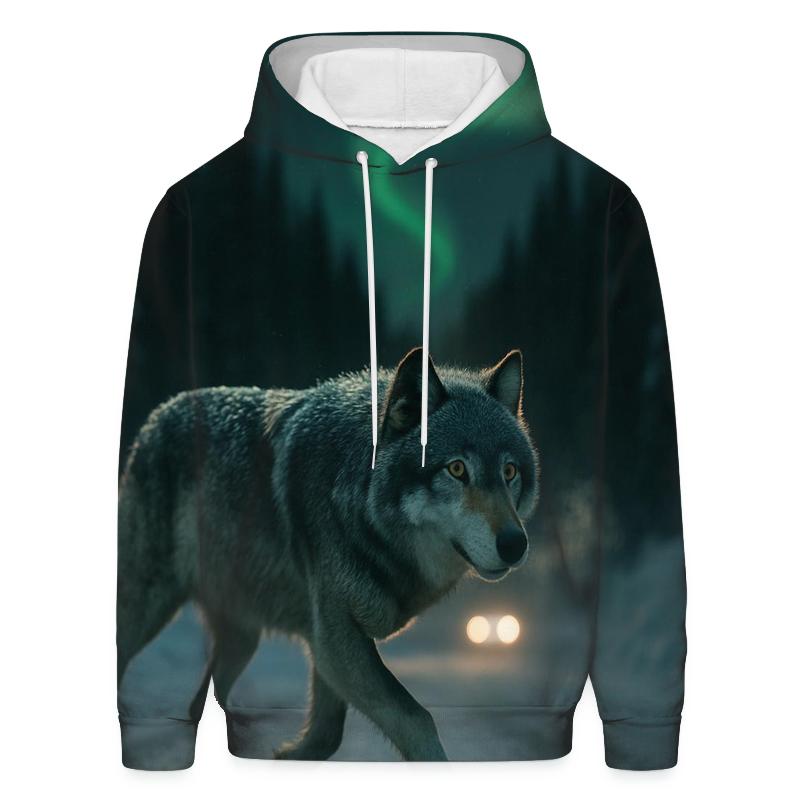 Wolf Crossing Under The Northern Lights Along A Winter Road Cutline premium hoodies