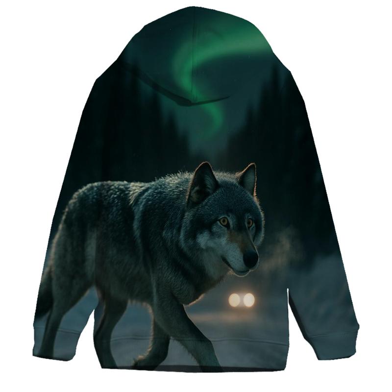 Wolf Crossing Under The Northern Lights Along A Winter Road Cutline premium hoodies