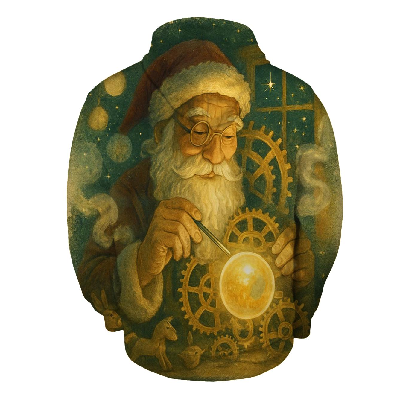 Starlit Workshop Clockmaker Santa printed hoodies
