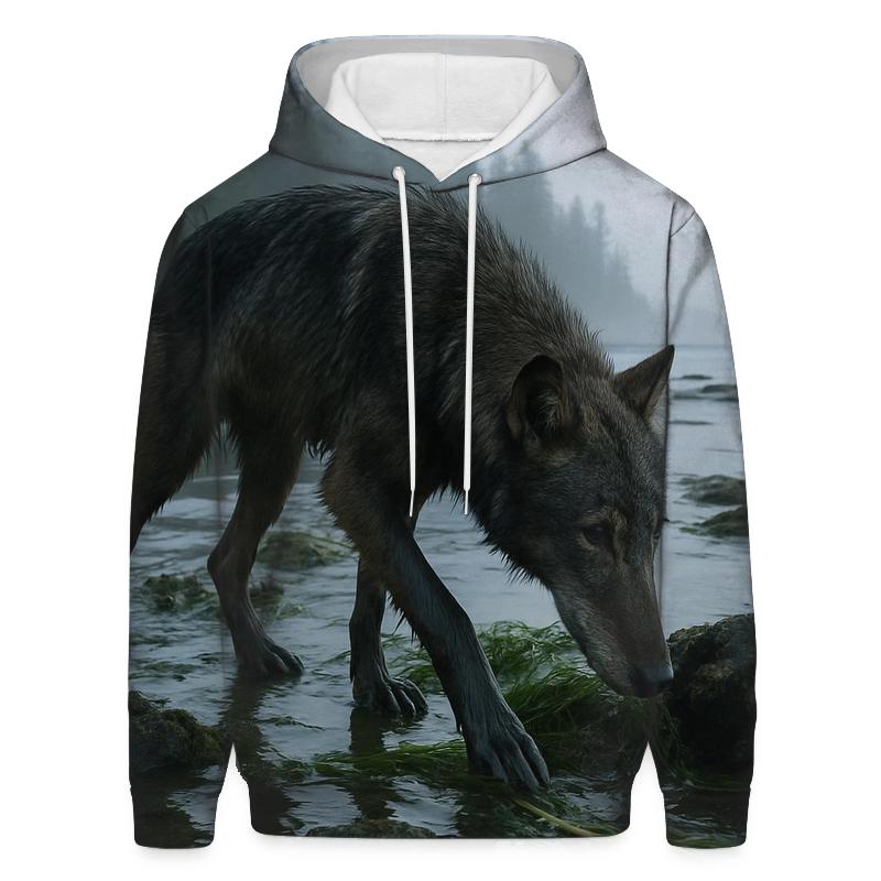 Coastal Wolf Foraging At Low Tide In A Temperate Rainforest Estuary printed hoodies