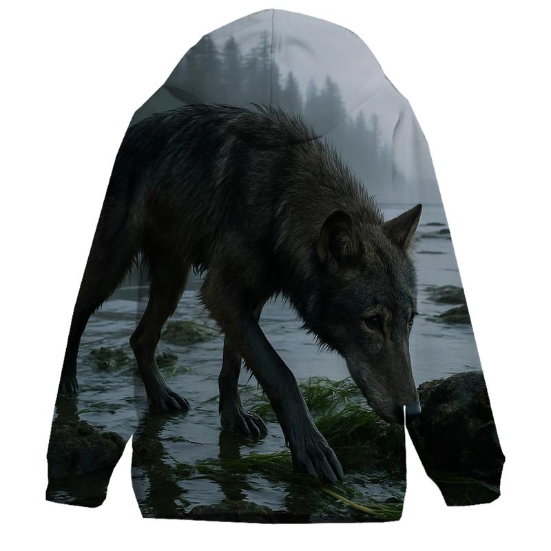 Coastal Wolf Foraging At Low Tide In A Temperate Rainforest Estuary printed hoodies