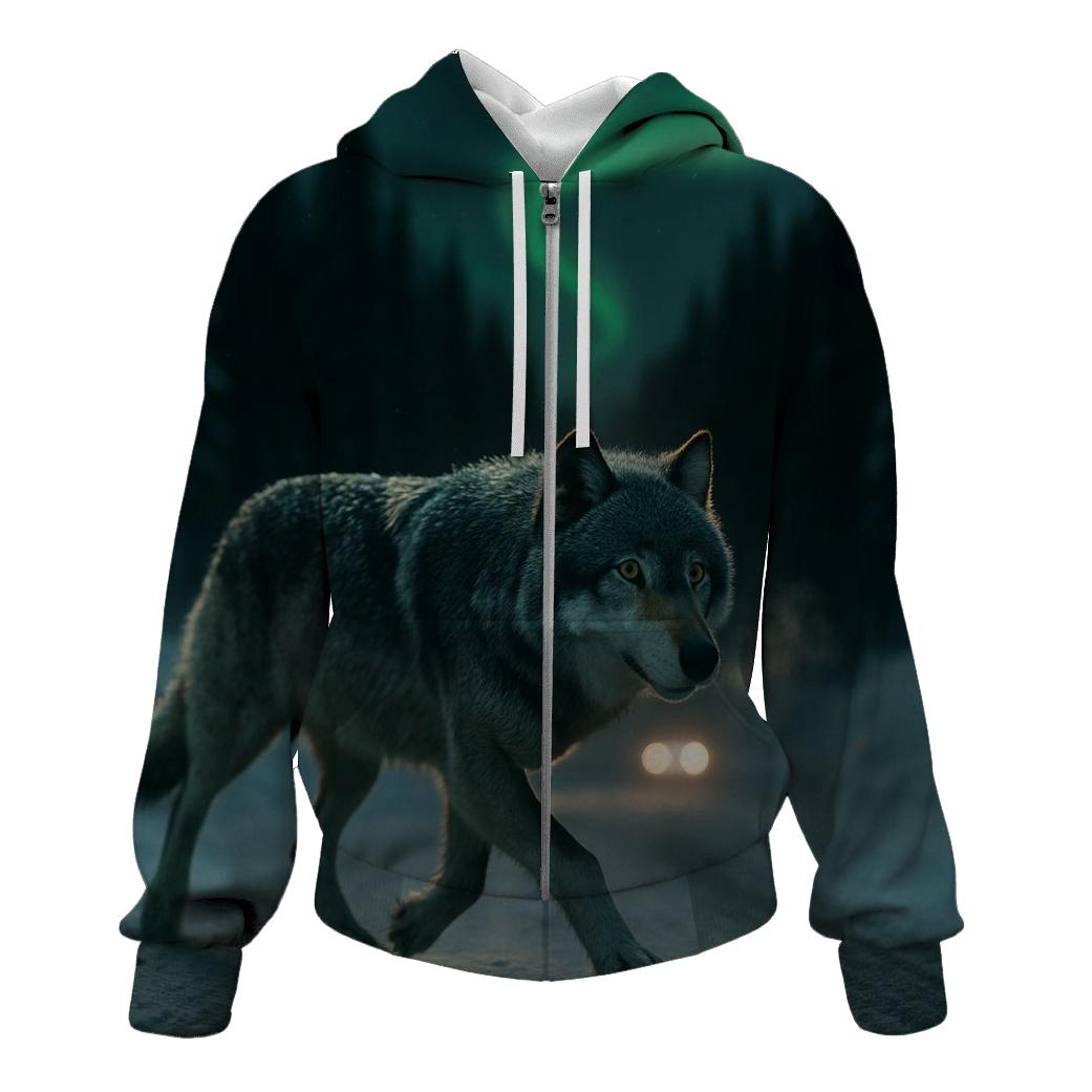 Wolf Crossing Under The Northern Lights Along A Winter Road Cutline custom hoodies
