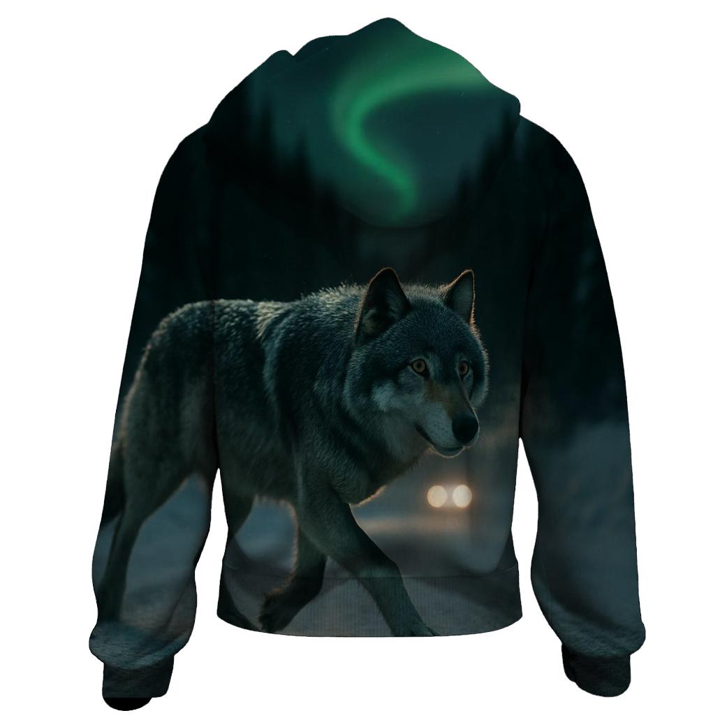 Wolf Crossing Under The Northern Lights Along A Winter Road Cutline custom hoodies