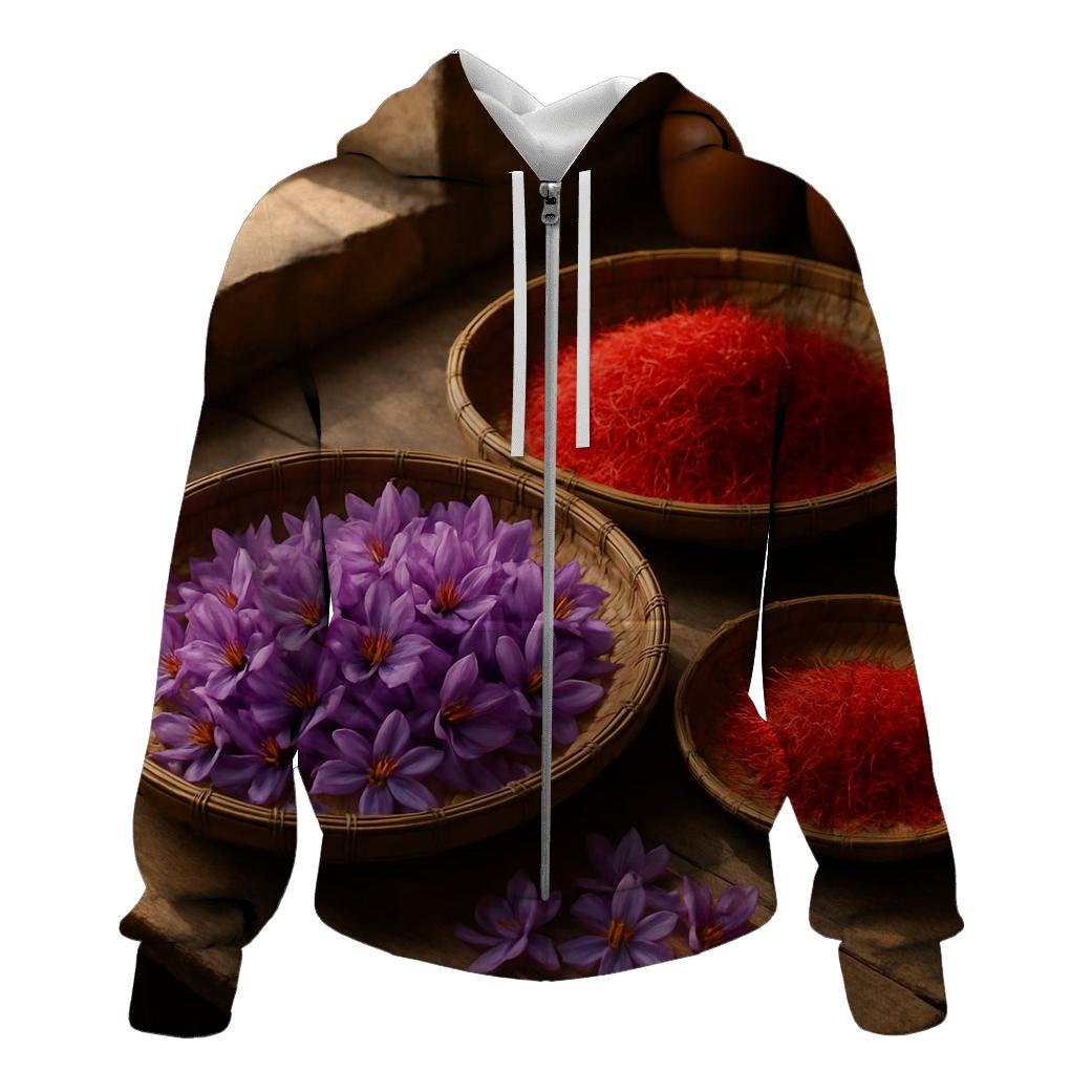 Saffron Crocus Threads Drying On Cedar Trays In A Mountain Kitchen zip-up hoodies