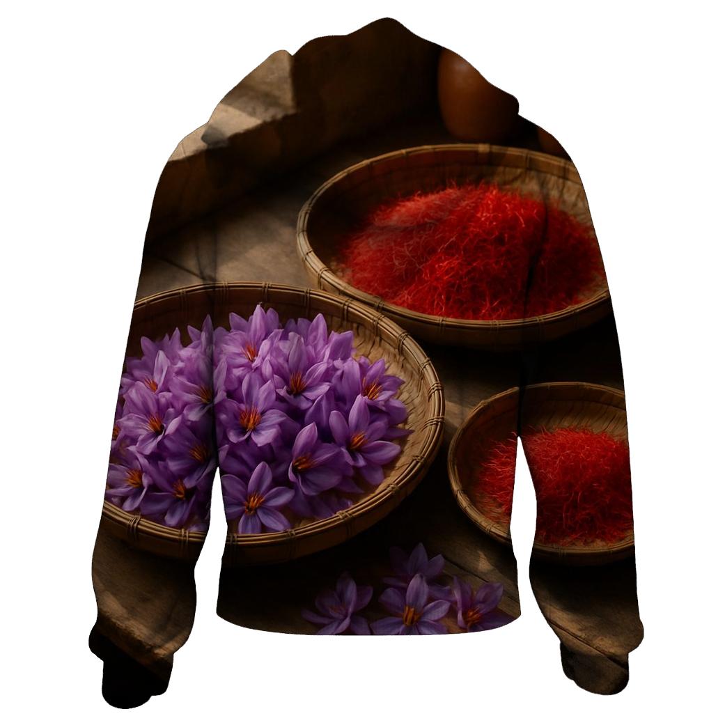Saffron Crocus Threads Drying On Cedar Trays In A Mountain Kitchen zip-up hoodies
